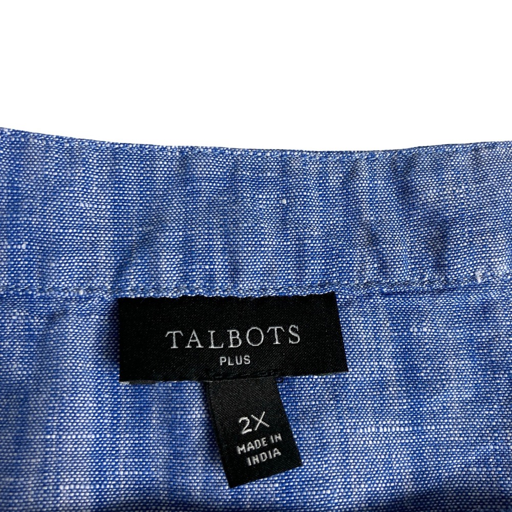 Talbots Blouse Womens 2X Blue Linen Cotton Eyelet Scallop Hem Tie Sleeve Coastal - Picture 3 of 12